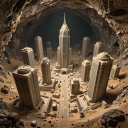 The remnants of a city with tall buildings built by an advanced civilization that crumbled after an apocalyptic event. It is found in the dark depths of a sand cavern, seen from above, first person POV, game concept art, highly detailed, artstation