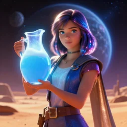 a girl holding a jug of blue milk on the planet tatooine, tatooine scenery, star wars anime art, ambient lighting, luminous, radiant, glowing, iridescent, lustrous, shimmering, brilliant, vivid