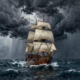 A pirate ship sailing atop the center of the chaotic ocean approaching a massive storm, painting in the style of Fitz Hugh Lane, Dramatic Lighting, Trending on Artstation HQ, 4K, UHD