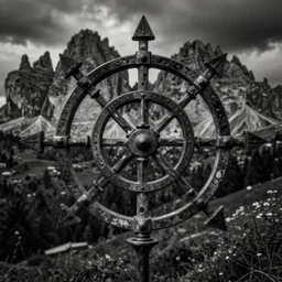 close up photography of old occult sign built from farmer reap hooks centered, no repition, dark, black and white, dolomites in background, dolomites, dark, eerie, despair, artstation, digital art, adward winning