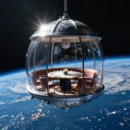 a restaurant in low earth orbit with amazing views of earth 🌍 and space, cinematic, dramatic lighting, sci fi, science fiction, blue planet, volumetric lighting, unreal engine