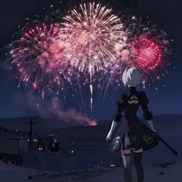 fireworks at night seen from long distance by makoto shinkai, nier atutomata environment concept art, greg rutkowski and krenzcushart