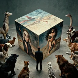 hypercube four dimensional man, surrounded by animals, film still from the movie directed by denis villeneuve and david cronenberg with art direction by salvador dali and zdzisław beksinski, wide lens