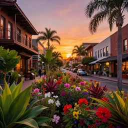 A Chinatown full of flowers and tropical plants, with a sunset ,digital art, trending on artstation, HDR