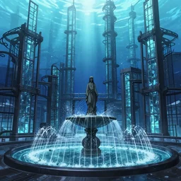 A beautiful under water city made of black steel and glass, anime, fountain, statue, a fantasy digital painting by Greg Rutkowski and James Gurney, trending on Artstation, highly detailed