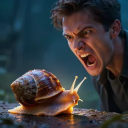 an angry man shouting at a snail, photo realistic moody lighting, atmosphere, glow, detailed, intricate, full of colour, cinematic lighting, trending on artstation, 4 k, hyperrealistic, focused, extreme details, cinematic, masterpiece