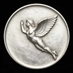 a circular silver medallion of icarus in flight