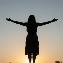 a silhouette of a indigenous woman, seen from behind, with arms wide open in front of the sky, symetrical, art by greg rutkowski