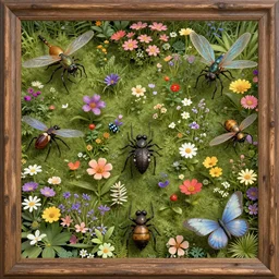 super detailed color art, a lot of small garden flowers, A multiverse of insects, spiders and dragonflies, unreal engine, wes anderson color palette, 3d render, colorful, digital art, old wooden frame
