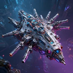 a gigantic futuristic spaceship made of lots of wires and guns, science fiction, artstation, neon, cyberpunk, surreal,