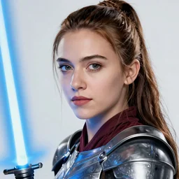 head and shoulders portrait of a female knight, jedi, blue lightsaber, young scarlett johansson or young mary louise parker, star wars, by doug chiang, face detail, extremely detailed, digital illustration