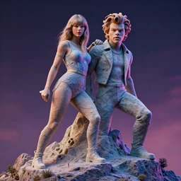 photorealistic stone sculpture of taylor swift and a stone sculpture of harry styles on top of a mountain. hyperdetailed photorealism, 1 0 8 megapixels, amazing depth, high resolution, 3 d shading, 3 d finalrender, 3 d cinematic lighting, glowing rich colors, psychedelic overtones, artstation concept art