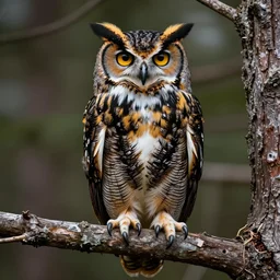 beautiful hyperrealist highly detailed cinematic lighting nature photograph of a great horned owl on a tree branch, symmetrical full body, beautiful high contrast woodcut, moebius and charles burns comic style, shocking detail trending on artstation 8 k