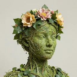 human head sculpture made from vines wearing a tiara made of flowers and leaves