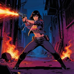 artgerm, rafael albuquerque comic art : : samara weaving, holding a gun, in an action pose : : in an alleyway during the purge : : night time dark with neon colors, fires, horror : :