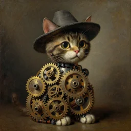 a robot cat made of gears wearing a hat, oil painting, atmospheric lighting, highly detailed rembrandt van rijn, aert de gelder, esaias van de velde