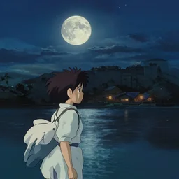 the night, the big moon, the river, the stars, by hayao miyazaki, cinematic, dslr