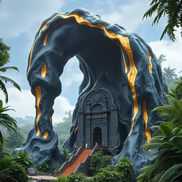 photo of a giant sculpture made of liquid black gold in the jungle, with beautiful great arches and detail, architecture carved for a titan