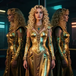 vertical portrait of ancient jew female in futuristic suit, blonde, curly hair, symmetrical beautiful face, cyberpunk, native costume, standing in the dark room, under neon, fashion editorial photography, hyperrealistic, from vogue magazine, reflections, refraction, gold, teal, orange