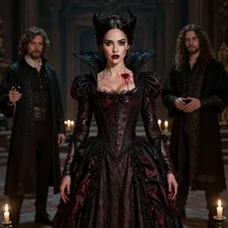 megan fox witch queen, black eyes, blood, full body, intricate victorian dress, middle shot, cinematic lighting, symmetrical eyes, caravaggio, rafael albuquerque, charlie bowater, moody lighting, candles