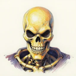 macro head shot centered ink colored airbrushed gouache sketch by cliff chiang!!! centered symmetrical headshot of maniac skeletor in the style ofj scott campbell