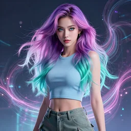 a award winning half body portrait of a beautiful woman with stunning eyes in a croptop and cargo pants with ombre purple pink teal hairstyle by thomas danthony, surrounded by whirling illuminated lines, outrun, vaporware, digital art, trending on artstation, highly detailed, fine detail, intricate