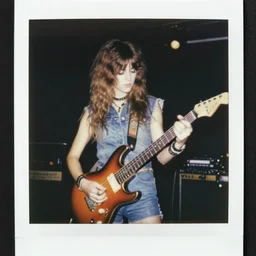 Girl holding guitar, girl using electric guitar, long shaggy-haired rocker, wearing denim, proto-metal concert, stoner rock, live concert, 1972, super 8mm, Polaroid