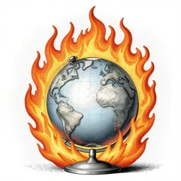 a globe in flames, large flares, engraving, zoom out