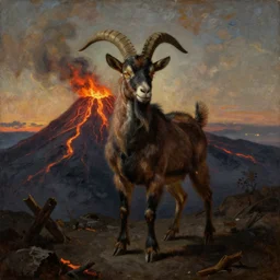 goat demon standing in front of volcano, embers, lava, dusk, dramatic lighting, style of old masters, rembrandt, oil painting,