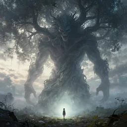 a beautiful terrifying tree monster looms over a tiny human. at dawn, ethereal fantasy art by greg rutkowski