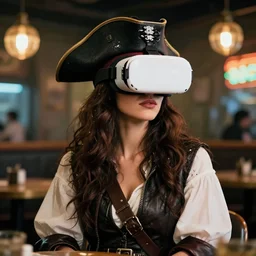 a high quality portrait of a beautiful stunning pirate in a cyberpunk cyberpunk cyberpunk cafe wearing a white VR visor realism 8k award winning photo