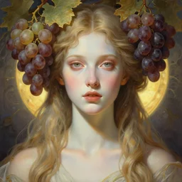 stunning goddess of wine portrait, pale skin, sun, grapes, fantasy, intricate, elegant, highly detailed, symmetrical face, digital painting, artstation, concept art, smooth, sharp focus, illustration, art by krenz cushart and artem demura and alphonse mucha