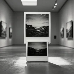 small computer on floor in the middle of a large museum, artwork on walls, black and white polaroid