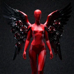 a beautiful red and black 3 d geometrically printed mannequin with angel wings in the style of android jones, chrome roses dripping black iridescent liquid, winged victory!!!, moody, dramatic, introspective, 4 k, trending on artstation, photorealistic, volumetric lighting, octane render