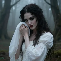 Gothic beautiful vampire woman with captivating stare mistress of death mourning widow, white victorian dress, faint smile, shoulder over face, in foggy smoke forest, trending artstation, detailed fantasy portrait academic, sharp focus, alphonse mucha