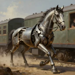 portrait of a a mechanical horse pushing a train, digital painting, artstation, concept art, donato giancola, Joseph Christian Leyendecker, WLOP, Boris Vallejo, Breathtaking, 8k resolution, extremely detailed, beautiful, establishing shot, artistic, hyperrealistic, octane render, cinematic lighting, dramatic lighting, masterpiece, light brazen, extremely detailed