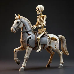 a warped scuplture of a skeleton riding a horse made from parts of plastic toys and riveted together, plastic, hyperdetailed, ultra realistic, octane render, 8 k, cinematic, atmospheric lighting, dark volumetric lighting