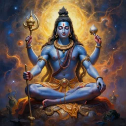 Epic wide angle portrait of Shiva generating the universe with his lingan, visionary painting, realistic