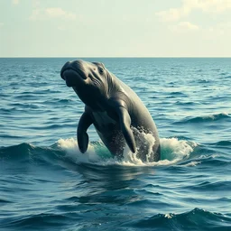 hyperealistic, 8 k, intricate photography of a steller's sea cow jumping out of the ocean.