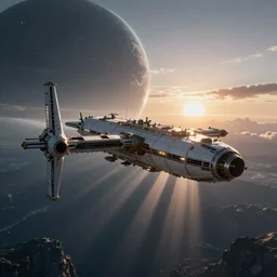 “large space station orbiting an aquatic world as the sun rises behind the planet beautiful dynamic lighting, cinematic, wide angle establishing shot, extremely high detail, photo realistic, cinematic lighting, post processed, concept art, artstation, matte painting, style by eddie mendoza, raphael lacoste, alex ross, volumetric lighting, light rays, photorealistic, ultrarealistic, moody, coronarender, 8k”