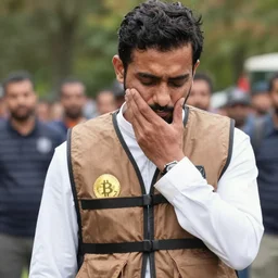feminine pakistani man wearing a bomb vest mourning the crashing of his crypto assets