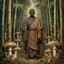 ancient japanese monk, by kiki smith, by zdzisław beksinski, by wangechi mutu, concept art, third - person, traverse, zoomed out, bamboo, mushrooms, mycelium, mycena acicula, tremella - fuciformis, insanely detailed and intricate, hypermaximalist, elegant, ornate, hyper realistic, super detailed