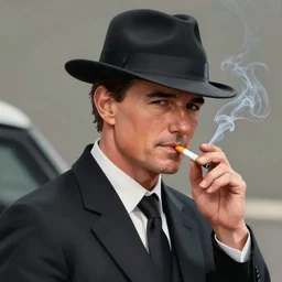 tom cruise wearing a fedora hat as a noir detective, smoking a cigarette, trending on artstation, digital art