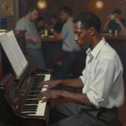 a blurry messy painting of a bar brawl, black man playing piano, art by david goldblatt, artstation