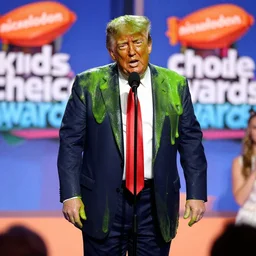 donald trump making a speech while being slimed on nickelodeon kids choice awards, green slime, photography, cinematic shot,