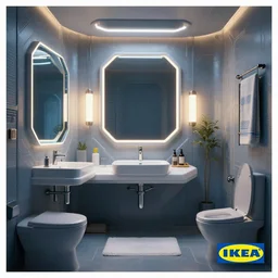 IKEA catalogue photo of an epic cyberpunk bathroom, designed by Nikola Tesla, 8k, HD, realistic, cinematic