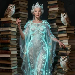 a portrait of a older anya taylor - joy as the goddess minerva surrounded by stacks of books, and owls, bioluminescent gown with deep level of detail of esoteric symbols, intricate, elegant, highly detailed, digital painting, trending on artstation, concept art, smooth sharp focus, illustration, art by artgerm and greg rutkowski