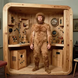 realistic photo of a a hairy human birdman, in a living room sci - fi laboratory with many wooden gadgets made of wood interior is made of wood 1 9 9 0, life magazine reportage photo, natural colors