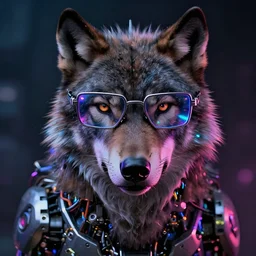vibrant portrait of mechanical wolf with cyberpunk glasses, reflective lens, caustics, bokeh, dust, mechanical parts, neon wires, dark fur, closeup portrait, editorial photography, award winning, establishing shot, dark mood, dark sci fi