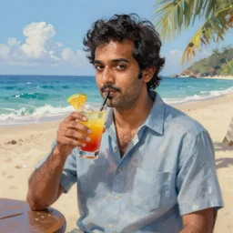 A hyperdetailed digital oil portrait of Raj Koothrappali sipping a cocktail on a colombian beach in the style of Guy Denning and Ruan Jia. Trending on ArtStation and DeviantArt. Digital art.